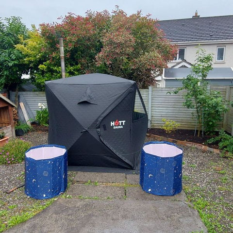 Bastutält från Hott Sauna hos en kund, foto ur en recension
