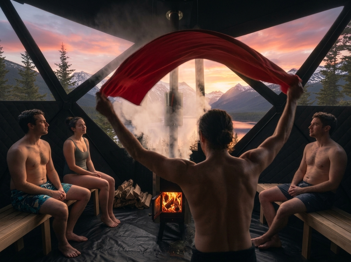 Aufguss i bastutältet Flamman: bastumästare viftar med handduk över kaminen med utsikt mot berg i solnedgång