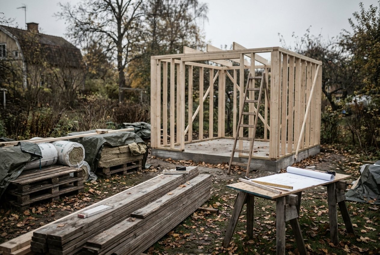Halvfärdigt bastubygge: regelstomme, virke och isolering i en trädgård