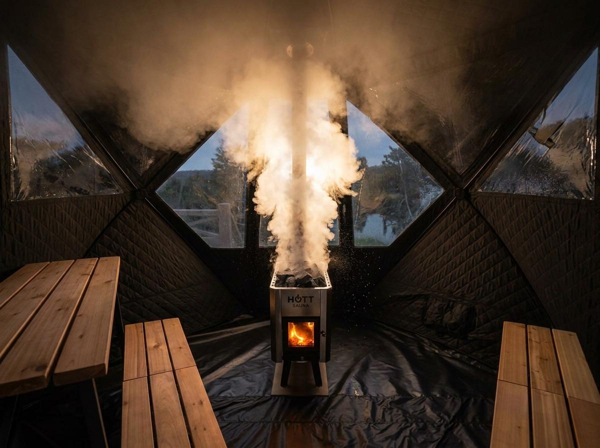 Löyly i ett bastutält från Hott Sauna: ånga stiger från stenarna på den vedeldade kaminen